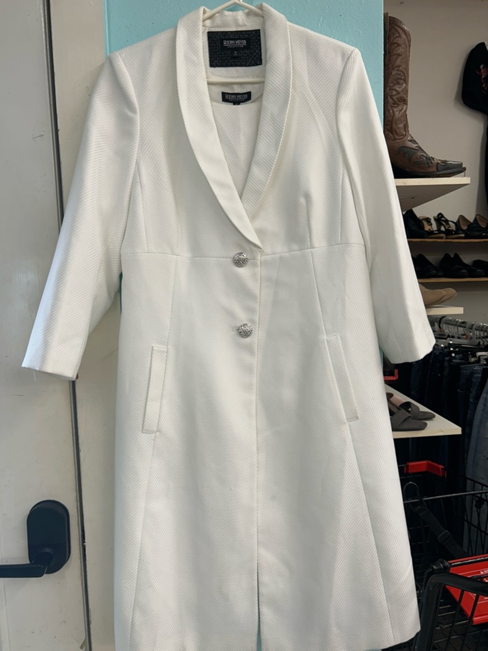 John Meyer Collection  White Textured Longline Coat with Decorative Buttons